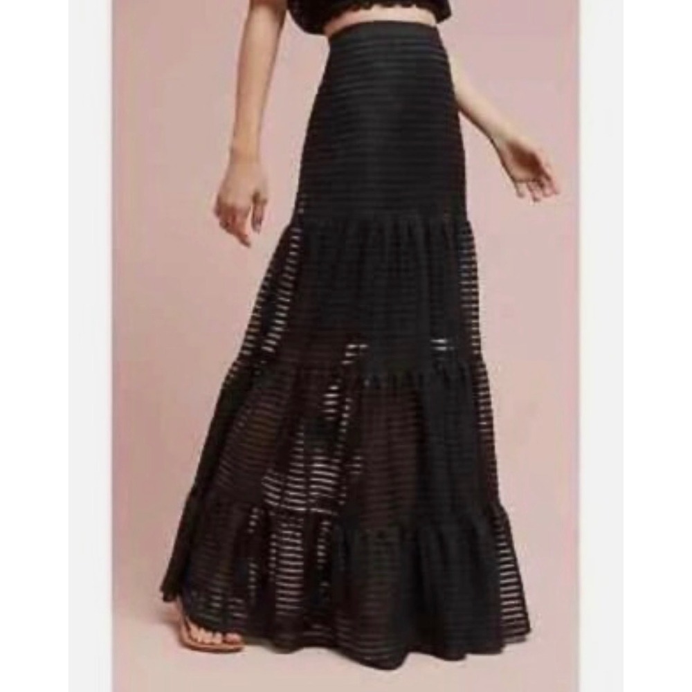 Tracy Reese Anthropologie NWT Savannah Stripe tiered maxi skirt Med‎ pet. Black